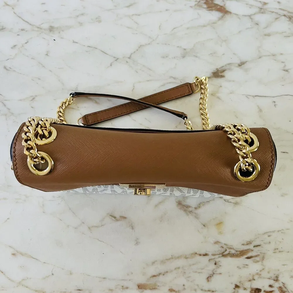MICHAEL KORS Tina Vanilla Acorn Leather Medium Flap Shoulder Bag